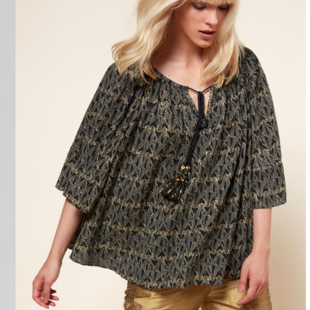 NEW Mes Demoiselles Bacchante Black & Gold Metallic Cotton Tassel Top 1‎ M